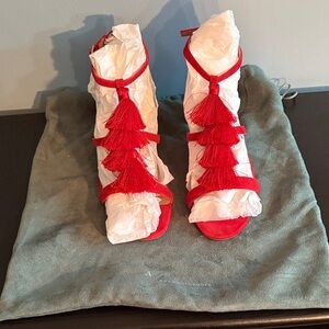 Anthropology Red Tassel Sling Back. Size 10